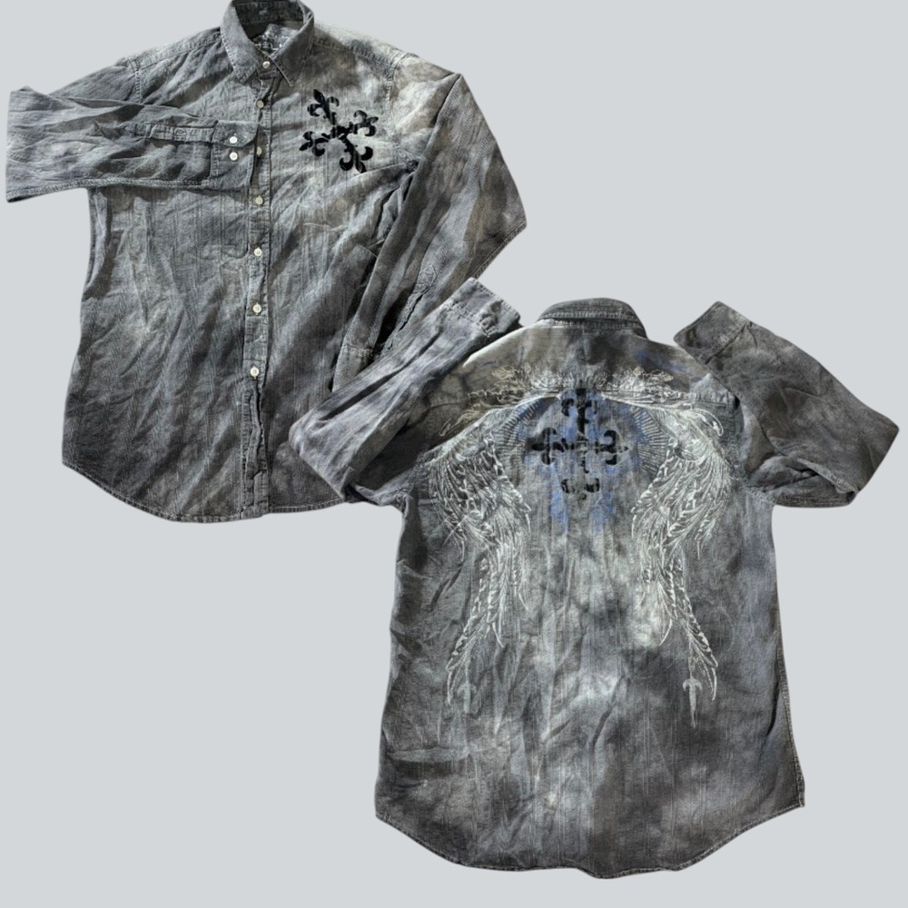 Helix Shirt L Gray Embroidered Angel Wings Cross Y2K Long Sleeve Rocker Grunge